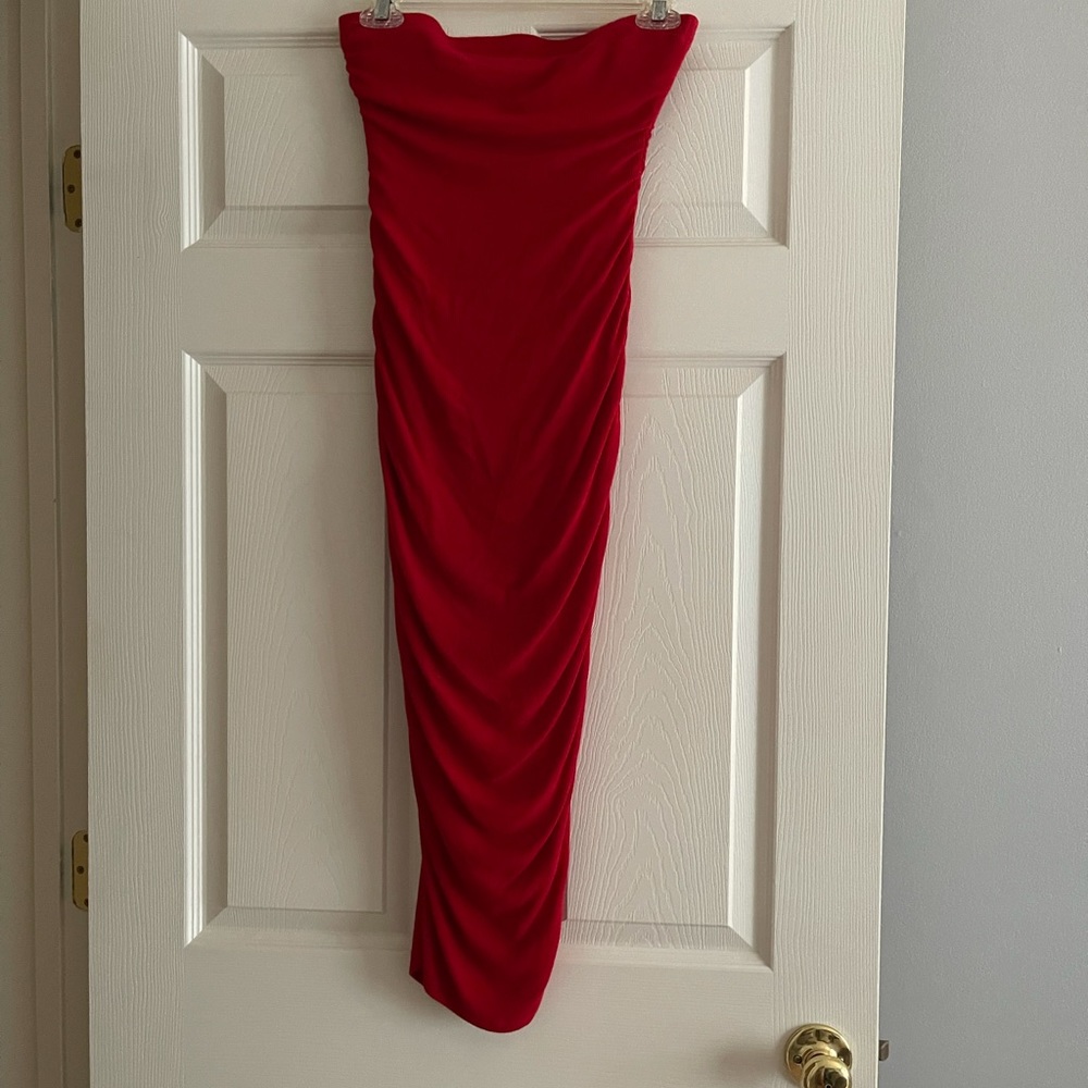 Red strapless dress